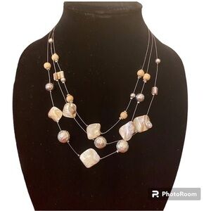 Triple Strand Necklace Shell Faux Pearl Beads silvertone beads